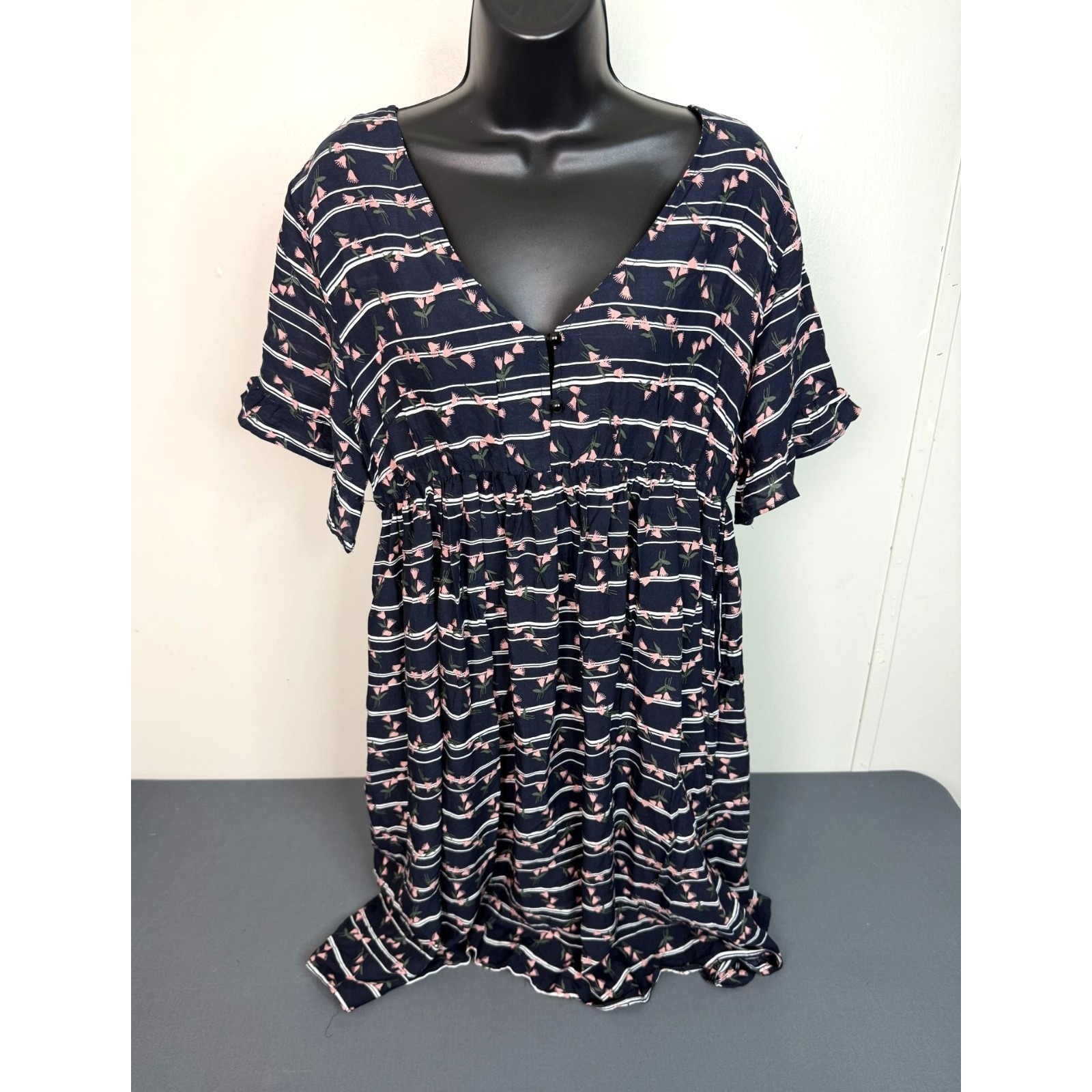 New Reborn Navy Floral Dress Size Xl Fit And Flare Elastic Waist Pockets